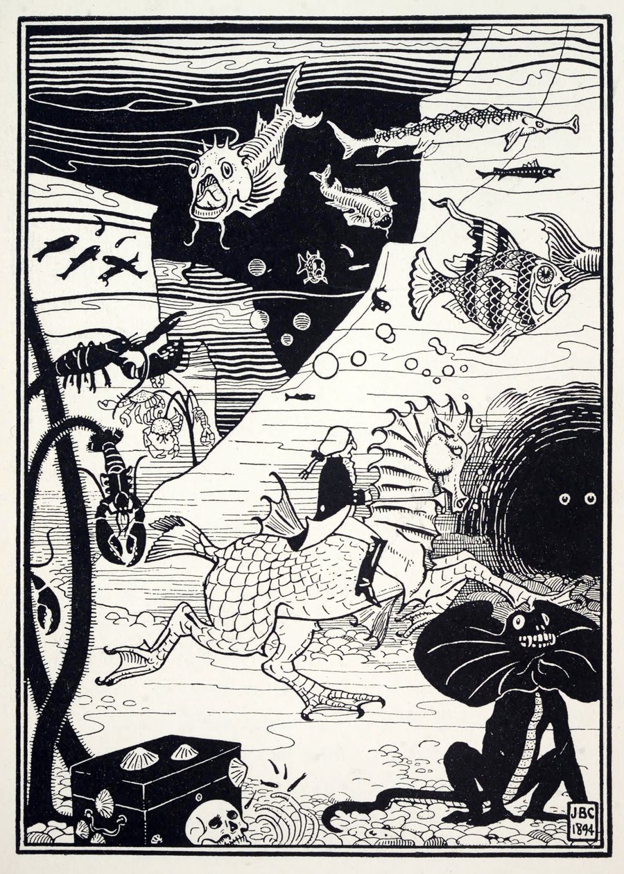 Es gab eine große Vielfalt an hohen, edlen Bäumen, beladen mit Meeresfrüchten wie Hummern, Krabben, Austern, aus Die erstaunlichen Abenteuer des Baron Münchhausen, veröffentlicht 1895 von Joseph Benwell Clark