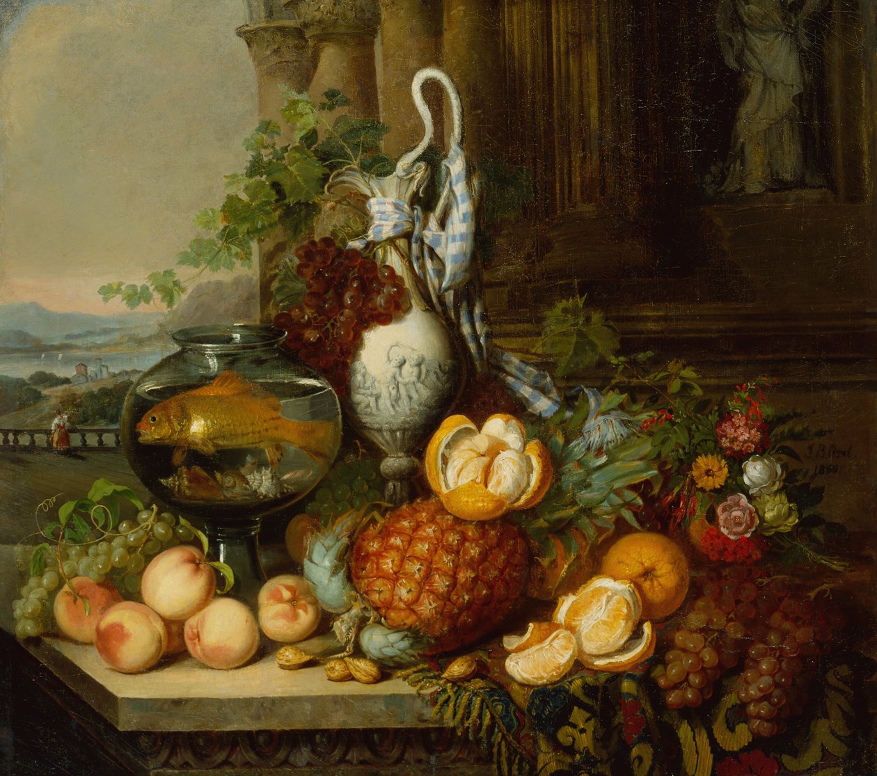 Stillleben mit Früchten, Fischglas und Landschaft von Joseph Biays Ord