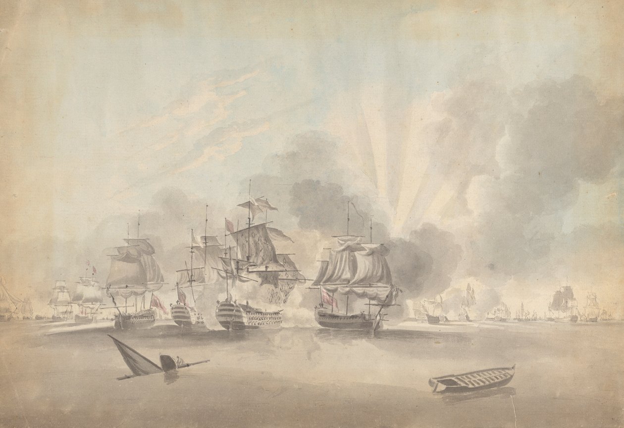 Kampfszene: Schlachtschiffe, Fregatten und Korvetten; sinkendes Boot und Ruderboot von Joseph Cartwright