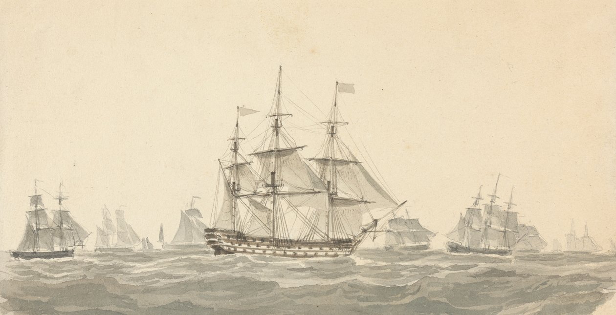Seitenansicht eines Schlachtschiffs, umgeben von mehreren anderen in schwerer See von Joseph Cartwright