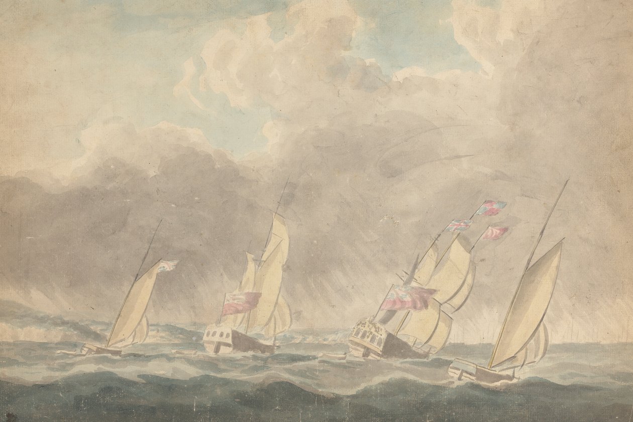 Zwei Kriegsschiffe, eine Bark und ein Schoner (?), Heck voraus, in schwerer See; mehrere Segelschiffe im Hintergrund von Joseph Cartwright