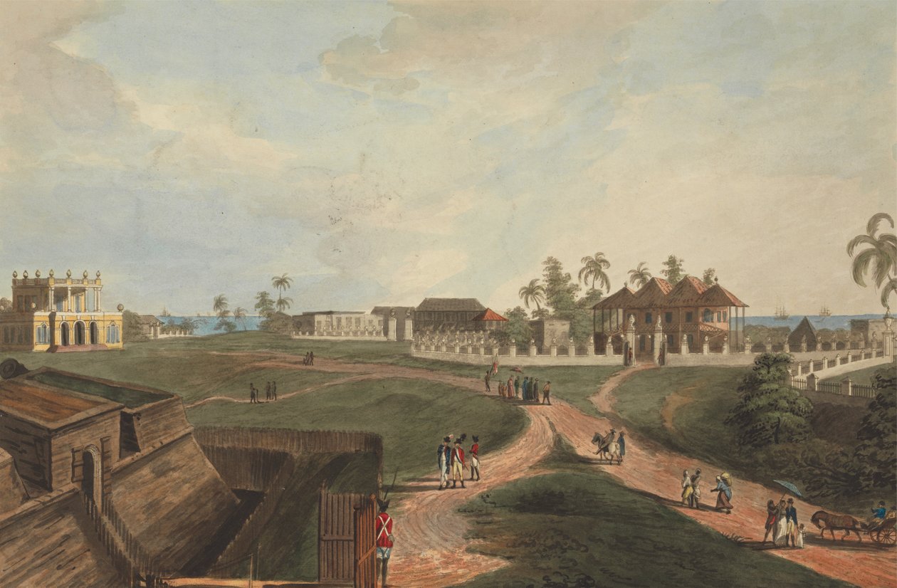 Regierungshaus und Ratshaus, Fort Marlborough, Benkulen, Sumatra, 1799 von Joseph Constantine Stadler