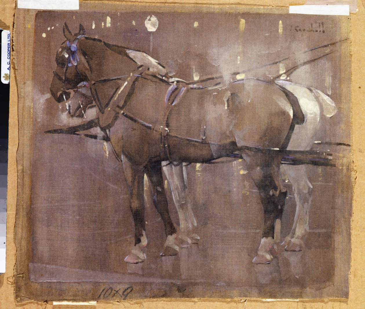 Kutschpferde bei Gaslicht (Aquarell & Körperfarbe auf Leinen) von Joseph Crawhall
