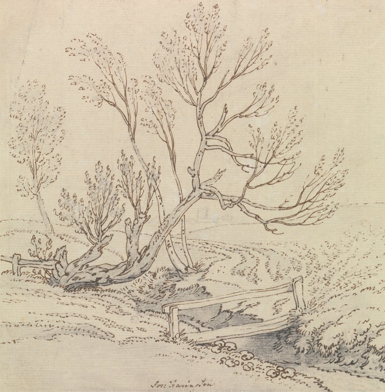 Fußgängerbrücke über einen Bach in der Nähe eines Weidenbaums von Joseph Farington