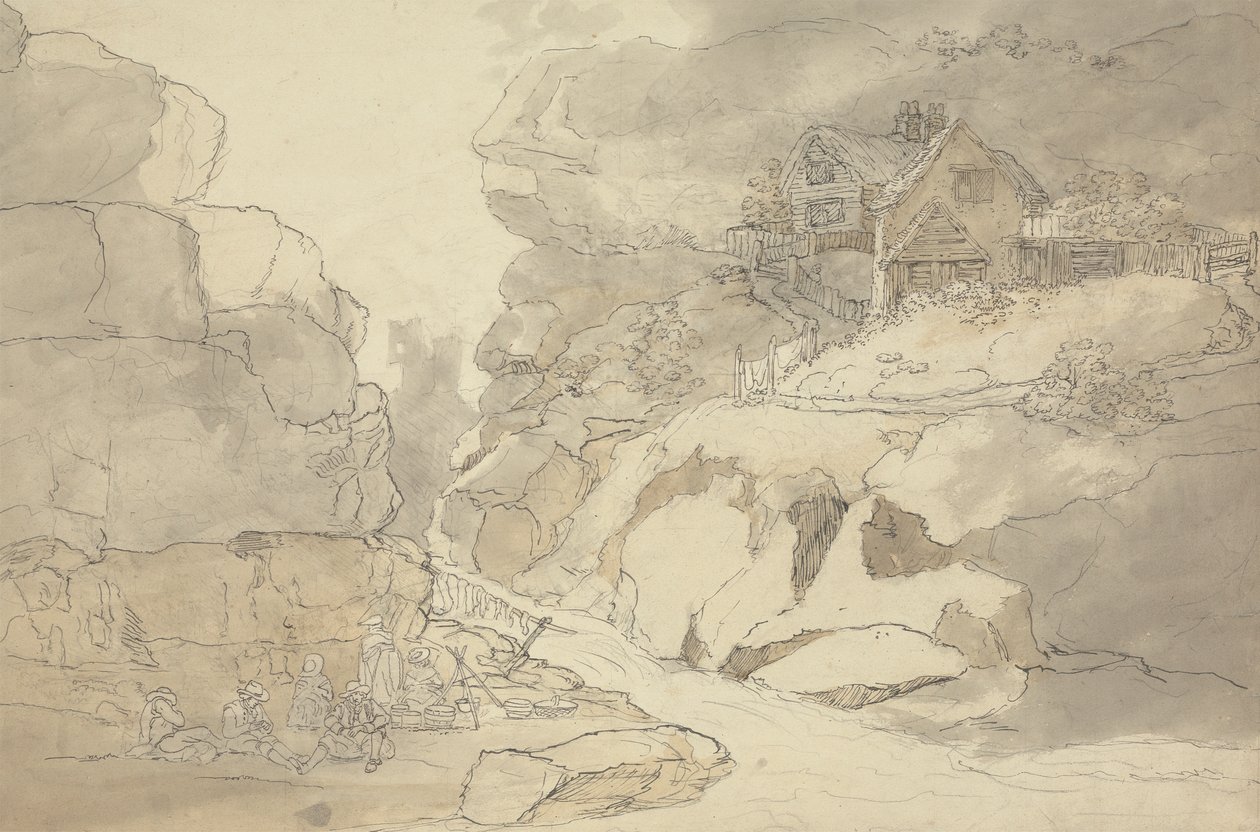 Landleute und Hütten an einem Fluss von Joseph Farington
