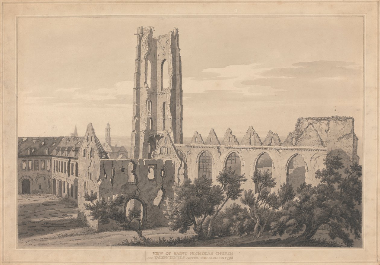 Ansicht der St. Nikolaus Kirche in Valenciennes nach der Belagerung von Joseph Farington