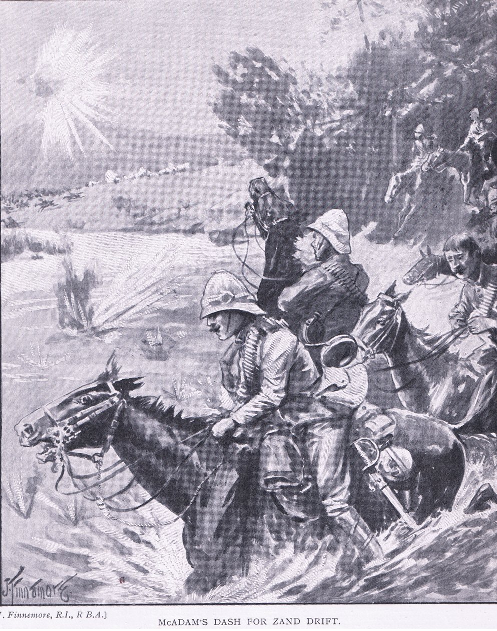 McAdams Ansturm auf Zand Drift, aus After Pretoria: Der Guerillakrieg veröffentlicht von Harmsworth Bros Limited, 1901 von Joseph Finnemore