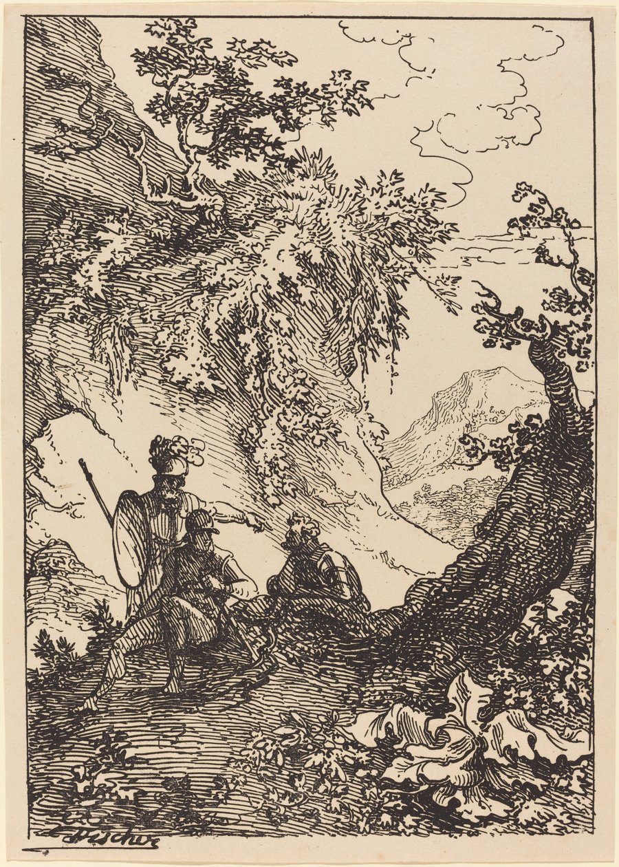Landschaft mit Männern in Rüstung, Baumstumpf von Joseph Fischer