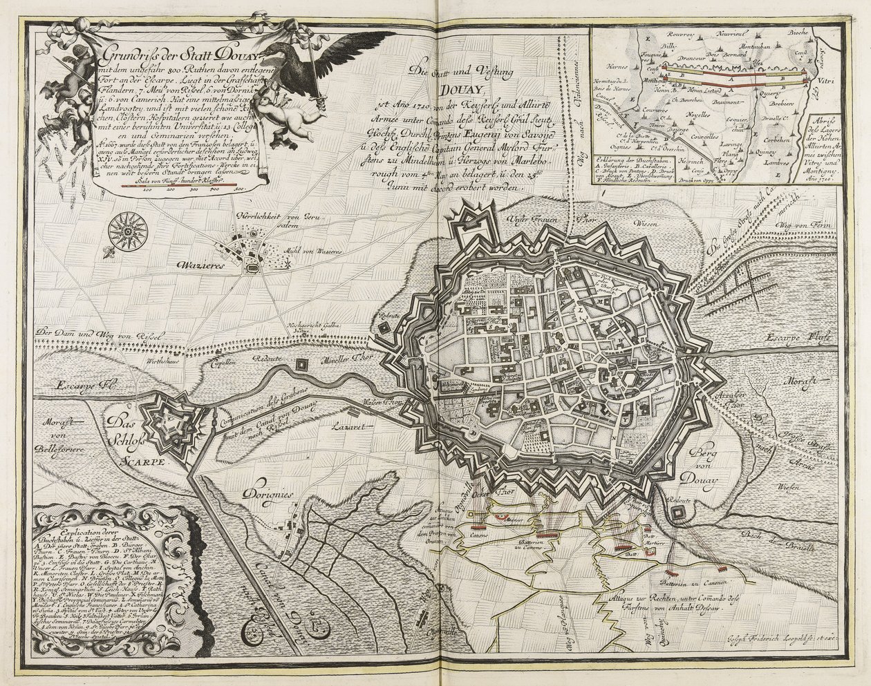Grundriss der Stadt Douay mit dem ungefähr 800 Ruthen davon entfernten Fort an der Escarpe, liegt in der Grafschaft Flandern, 7 Meilen von Rissel, 6 von Dornik und 6 von Camerich, hat eine mittelmäßige Landvogtei und ist mit vielen schönen Kirchen von Joseph Friedrich Leopold
