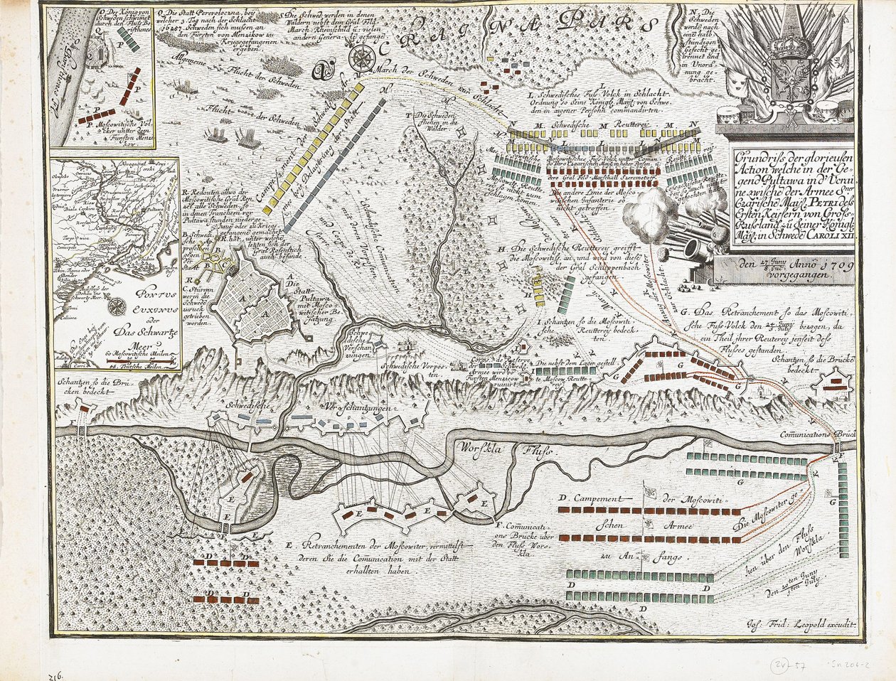 Karte der Schlacht von Poltawa am 27. Juni 1709 von Joseph Friedrich Leopold