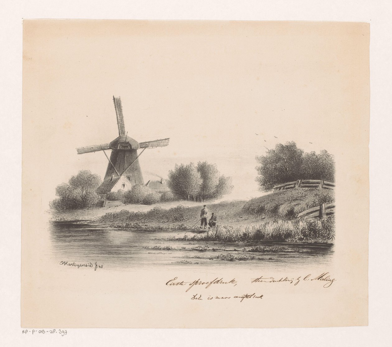 Landschaft mit Mühle und zwei Fischern von Joseph Hartogensis