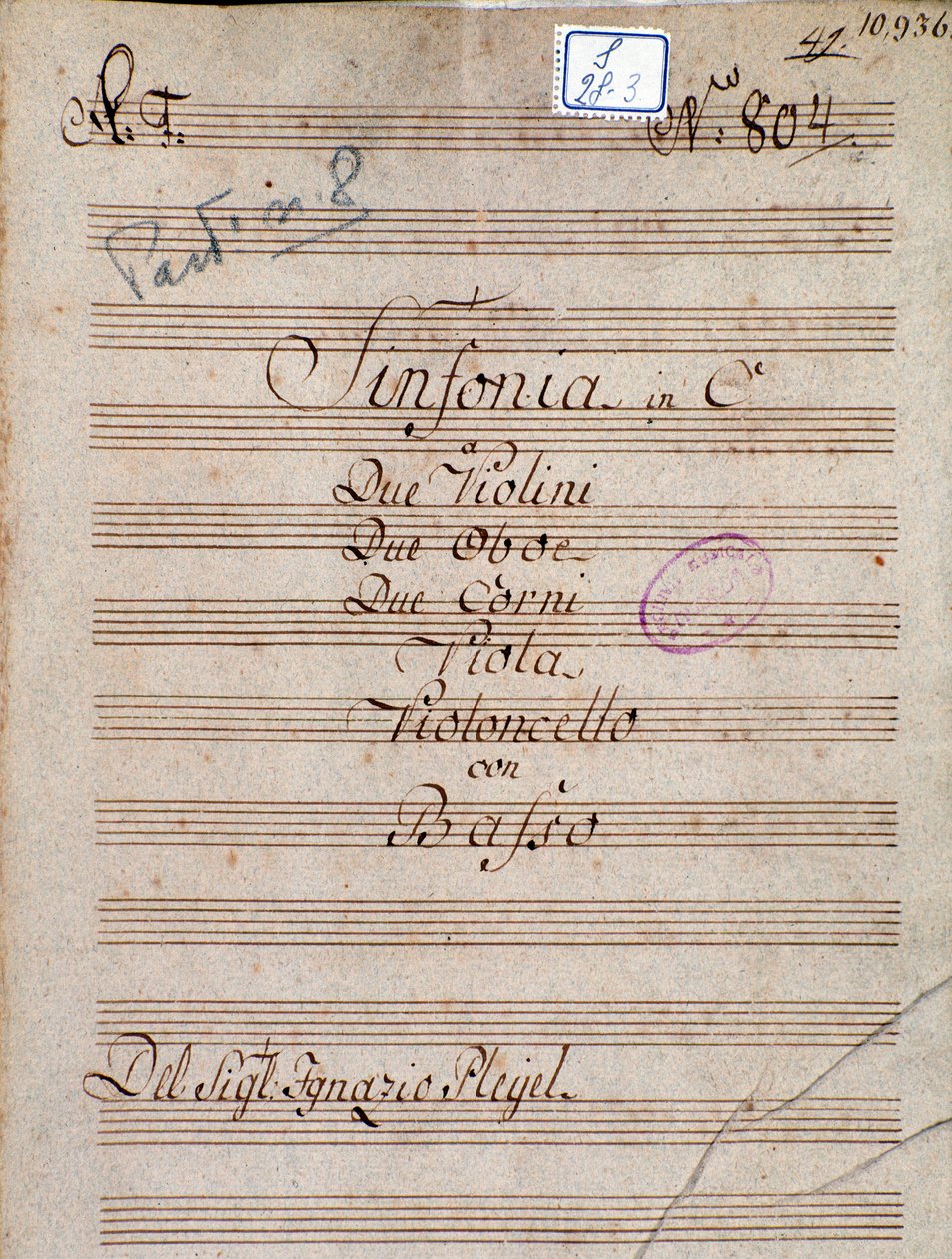 Erste Seite der Partitur der Symphonie in C von Pleyel von Joseph Ignace Pleyel