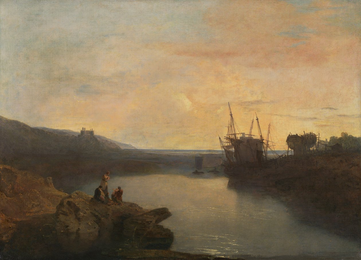 Harlech Castle, von Tygwyn Ferry, Sommerabenddämmerung [1799, Royal Academy of Arts, London, Ausstellungskatalog] von Joseph Mallord William Turner