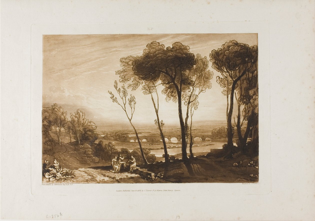 Die Brücke in mittlerer Entfernung, Platte 13 aus Liber Studiorum von Joseph Mallord William Turner