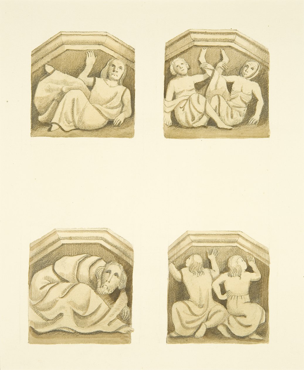 Vier Konsolen im Nordportal (ursprünglich Statuen tragend) von St. Mary Redcliffe von Joseph Manning