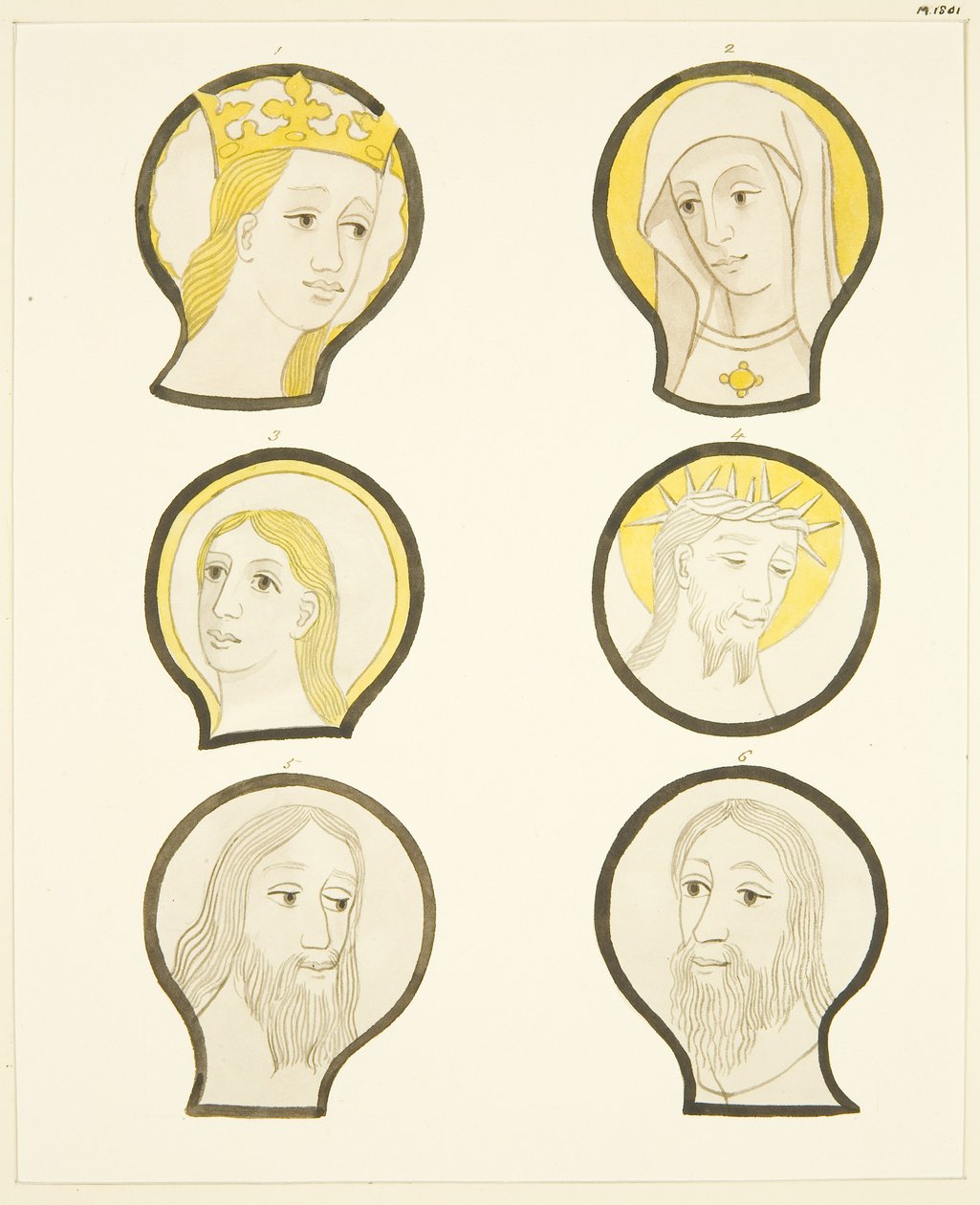 Sechs Köpfe in Buntglasfenstern südlich des Chors in der Kathedrale von Bristol von Joseph Manning