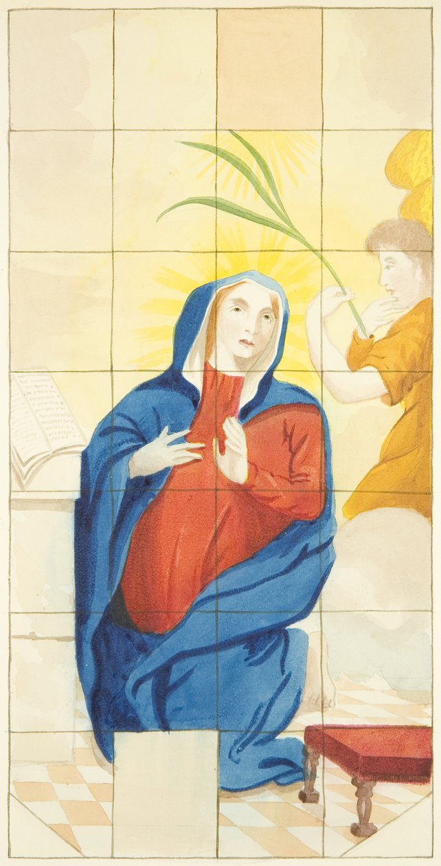 Buntglasfenster am östlichen Ende des südlichen Seitenschiffs der Kathedrale von Bristol, das die Verkündigung zeigt von Joseph Manning