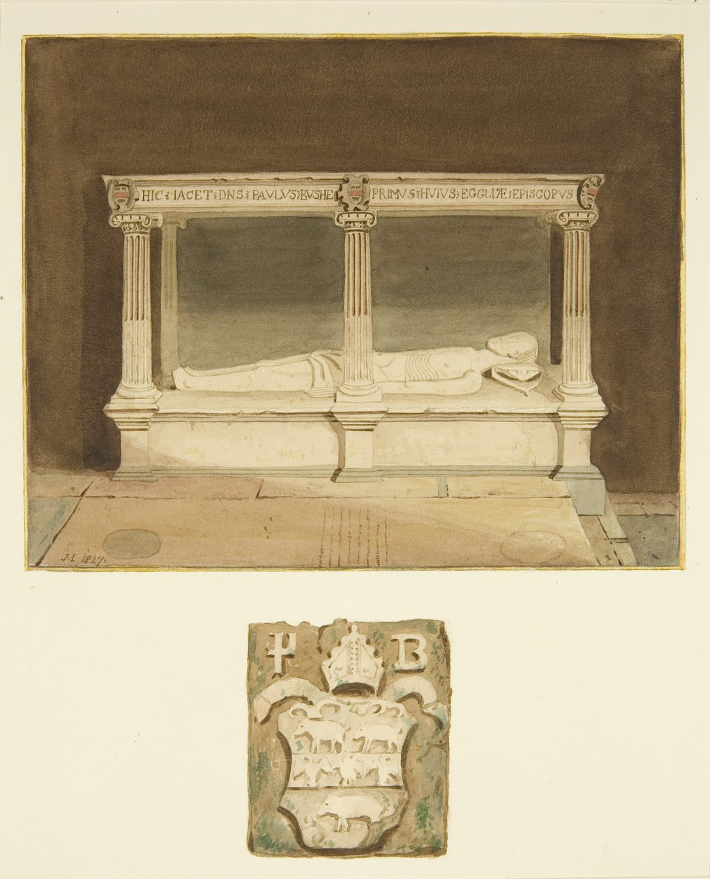 Grab von Bischof Paul Bush und Wappen in der Kathedrale von Bristol von Joseph Manning