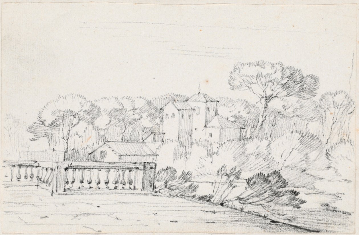 Terrasse an einem Fluss mit einer Villa und Bäumen dahinter von Joseph Marie Vien