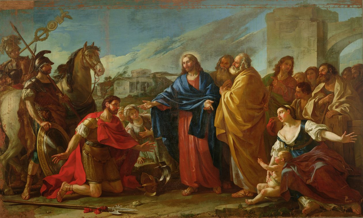 Der Zenturio kniet zu den Füßen Christi oder Jesus heilt den Sohn eines Offiziers, 1752 von Joseph Marie, the Elder Vien