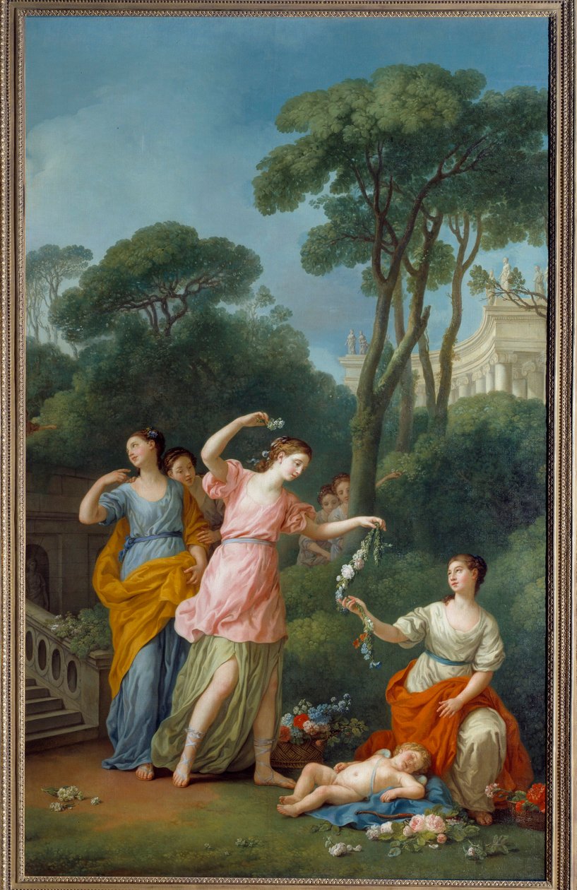 Junge griechische Frauen pflücken Blumen, schlafende Liebe von Joseph Marie, the Elder Vien