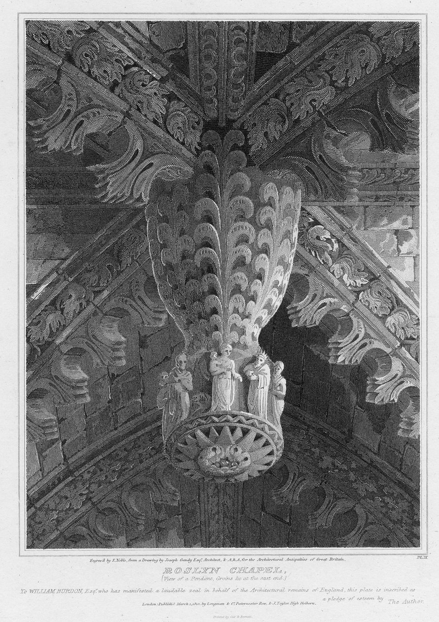 Roslyn Chapel, Ansicht eines Anhängers und Gewölbes am Ostende, graviert von S. Noble, 1810 von Joseph Michael Gandy