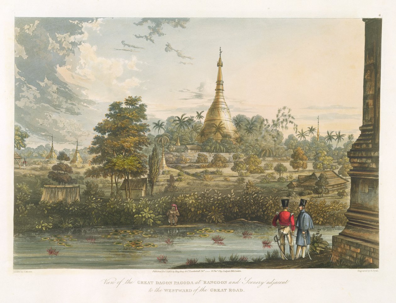 Ansicht der Großen Dagon-Pagode in Rangoon von Westen, graviert von Henry Pyall (1795-1833) 1825-26 von Joseph Moore