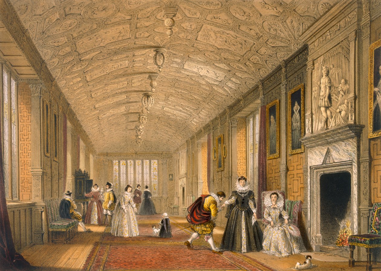 Die Lange Galerie in Lanhydrock, Cornwall, 1600, aus Architektur des Mittelalters, veröffentlicht 1838 von Joseph Nash