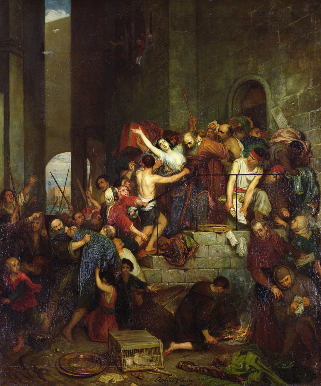 Die Plünderung eines Hauses auf der venezianischen Insel Guidecca im Mittelalter, 1855 von Joseph Nicolas Robert Fleury