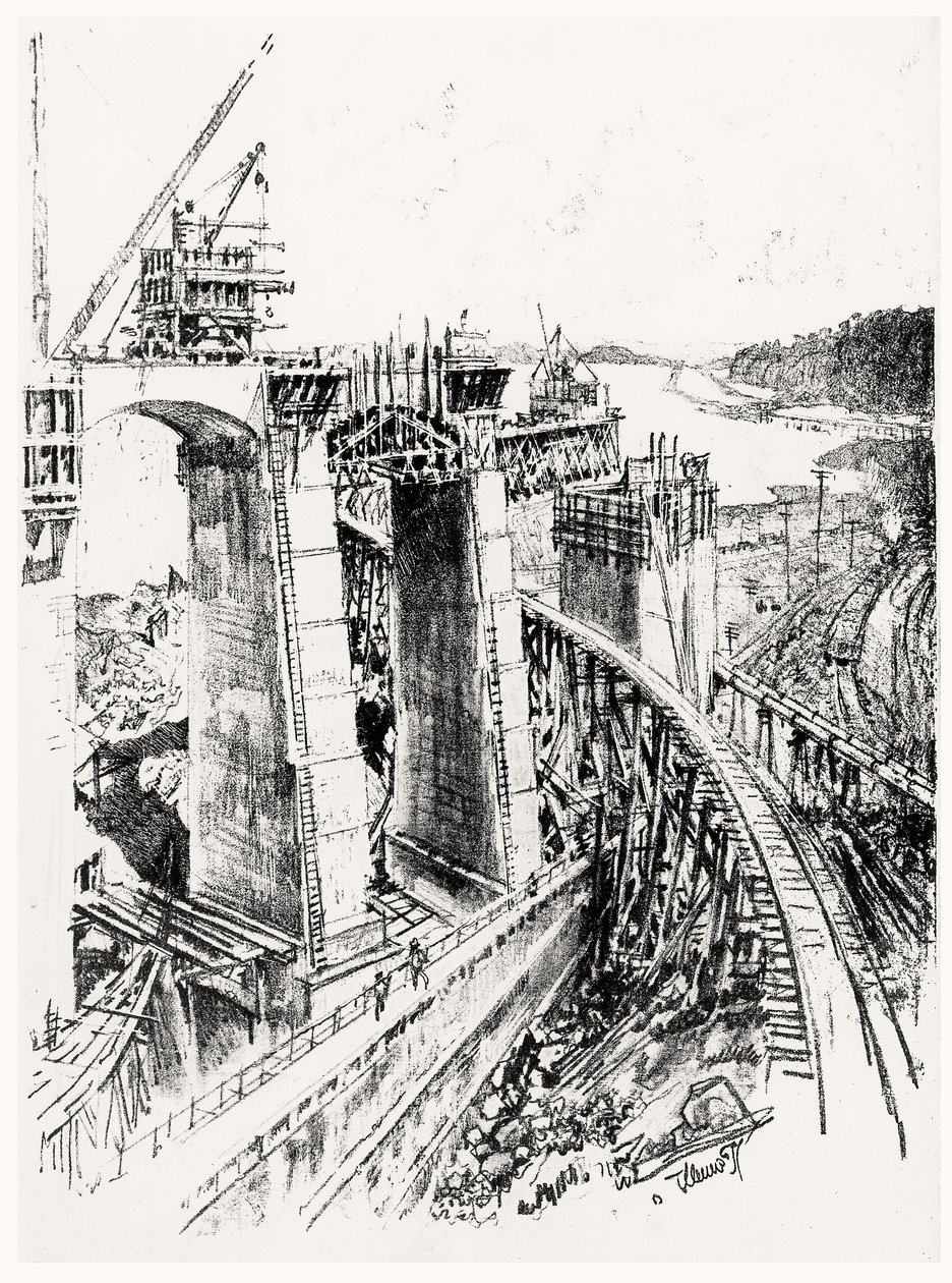 Zugänge zur Gatun-Schleuse, Platte VI aus Der Panamakanal von Joseph Pennell, 1912 von Joseph Pennell
