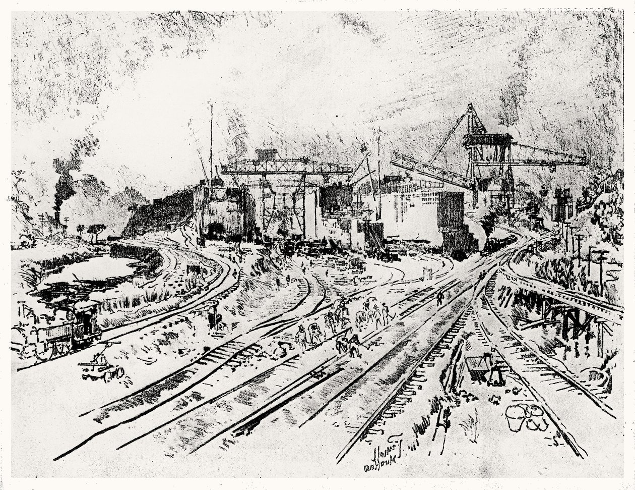 Bau der Miraflores-Schleuse, Platte XXI aus Der Panamakanal von Joseph Pennell, 1912 von Joseph Pennell