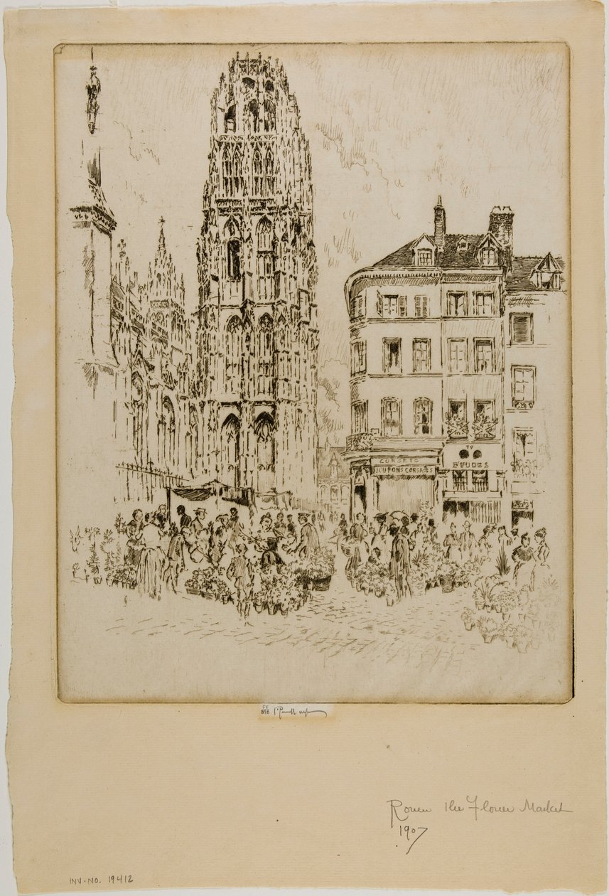 Blumenmarkt und Butterturm, Rouen von Joseph Pennell