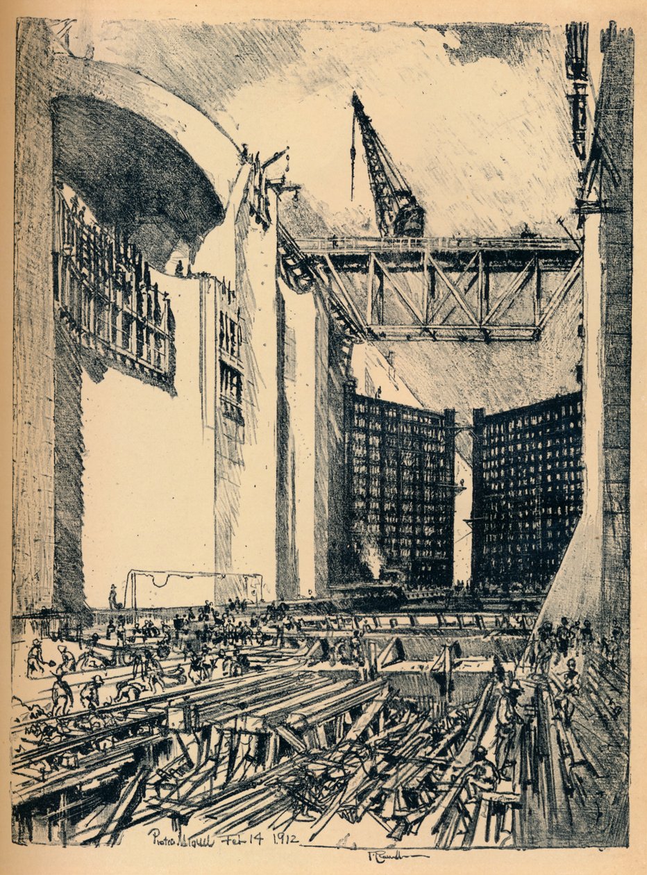 Verlegung des Bodens der Pedro Miguel Schleuse, 1912 von Joseph Pennell