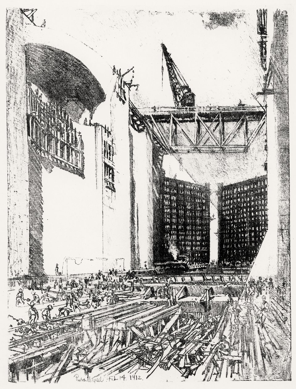Verlegung des Bodens: Pedro Miguel Schleuse, Platte XVIII aus Der Panamakanal von Joseph Pennell, 14. Februar 1912 von Joseph Pennell