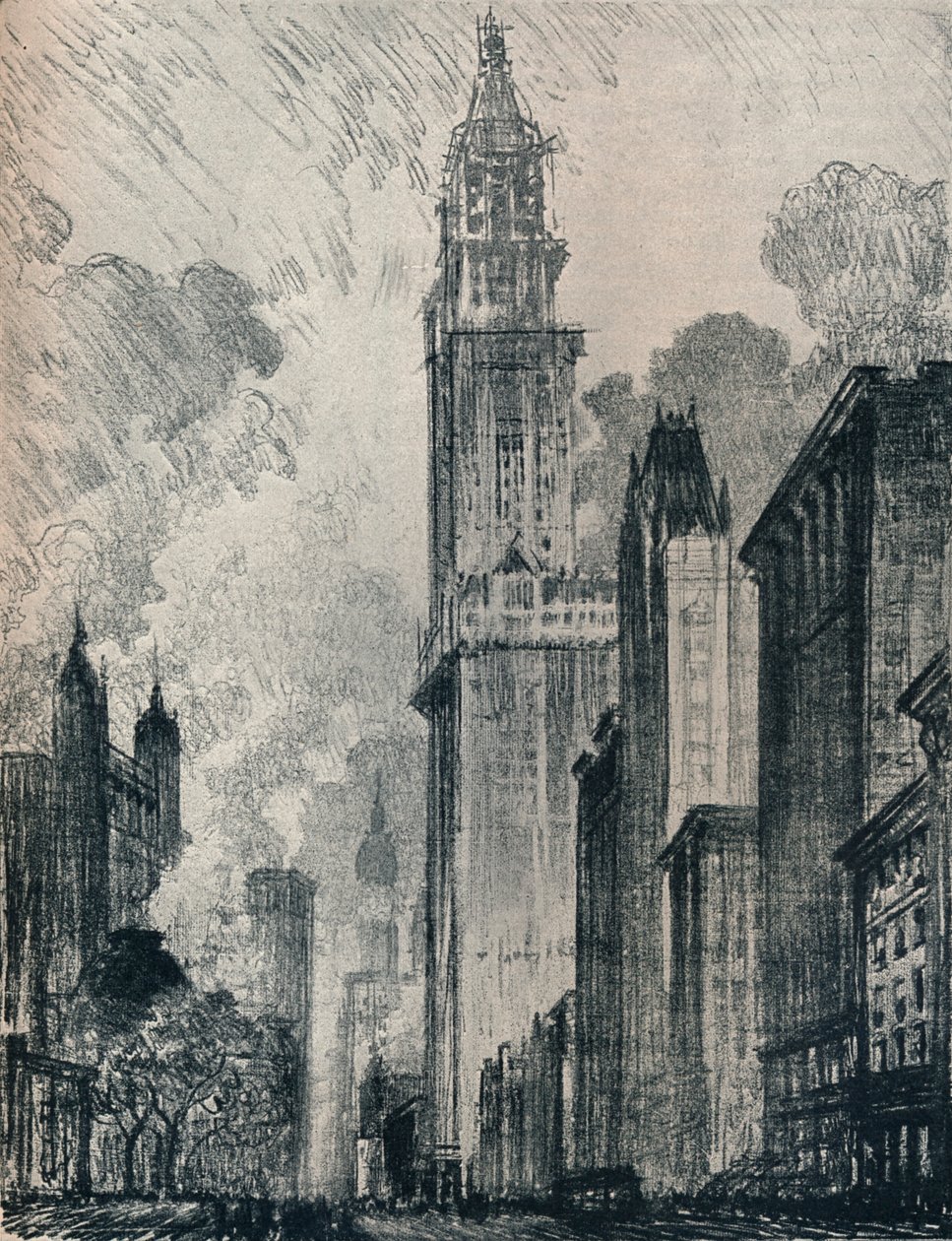 Der Broadway und das Woolworth Building, New York, 1912 von Joseph Pennell
