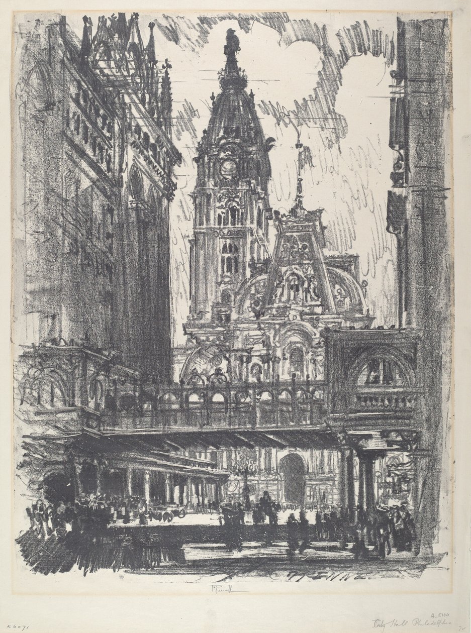Das Rathaus und die Brücke über die Market Street, 1912 von Joseph Pennell