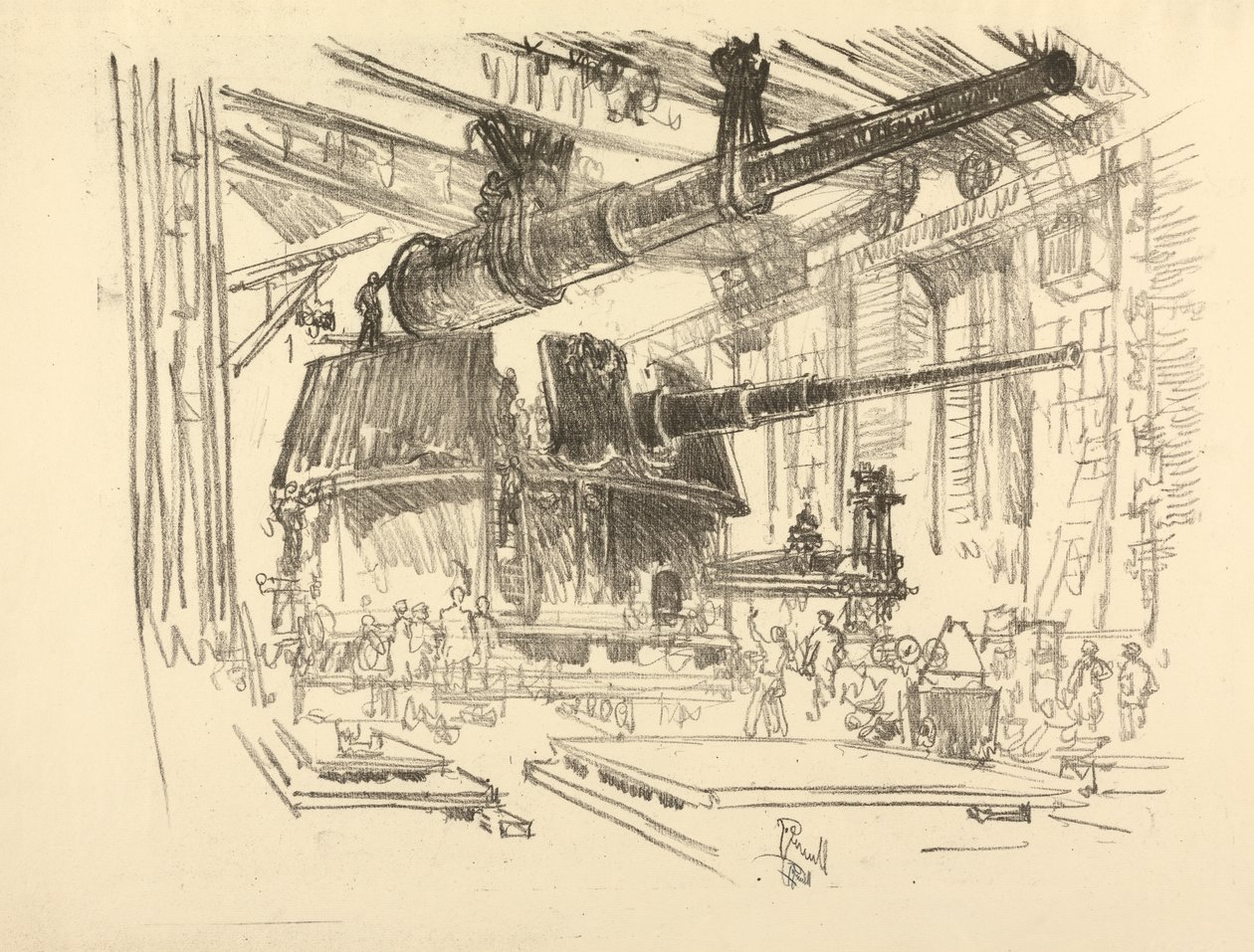 Die englische Kriegsserie: W. 448 Geschütze in Türmen montieren von Joseph Pennell