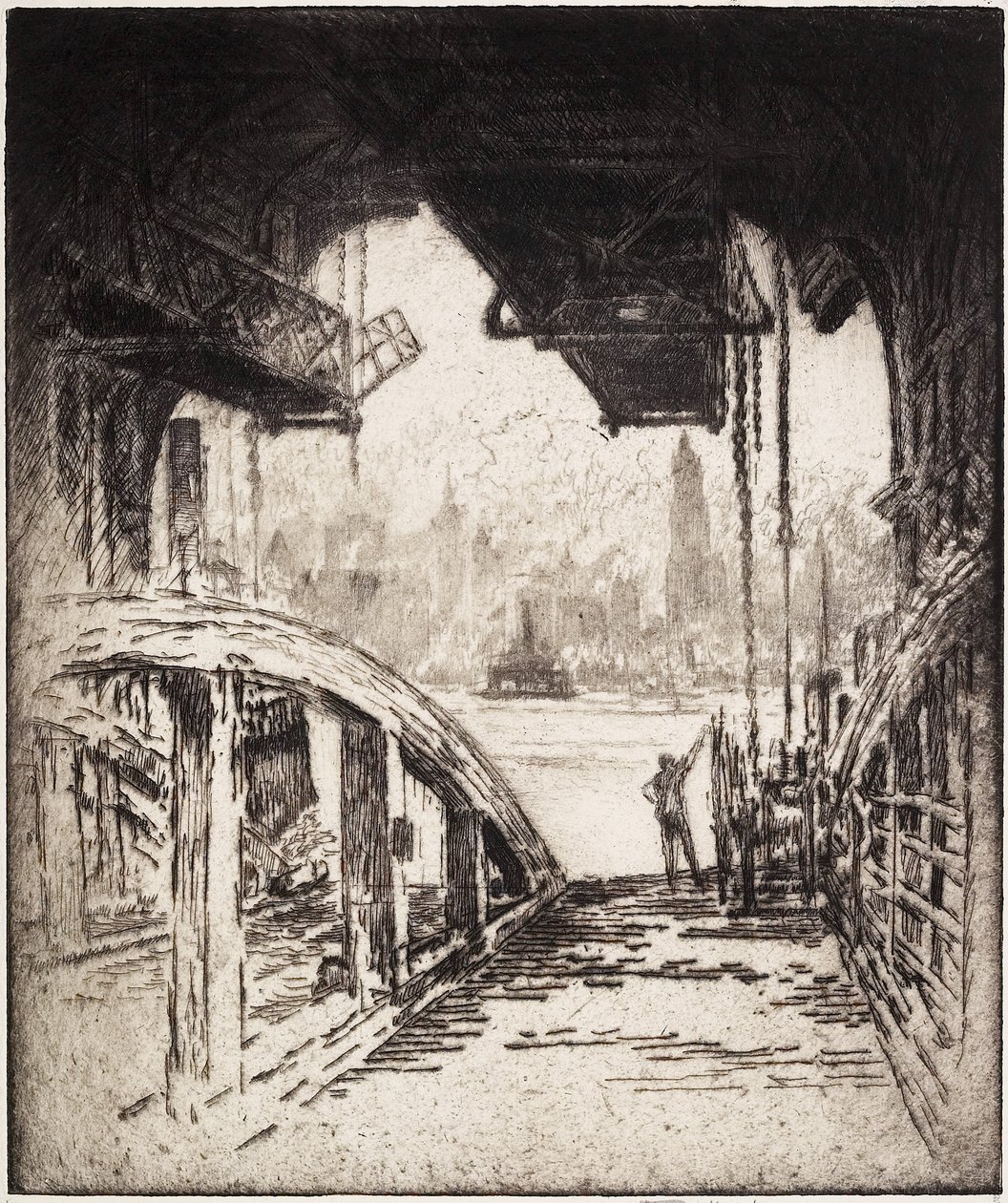 Das Fährhaus; Die Cortland Street Fähre von der Jersey City Seite, 1919 von Joseph Pennell