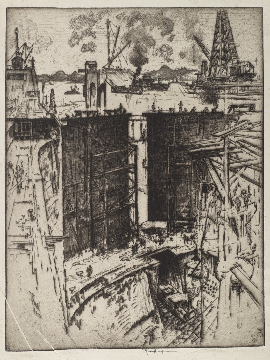 Das Wachttor, Gatun-Schleuse, Panama, 1912 von Joseph Pennell