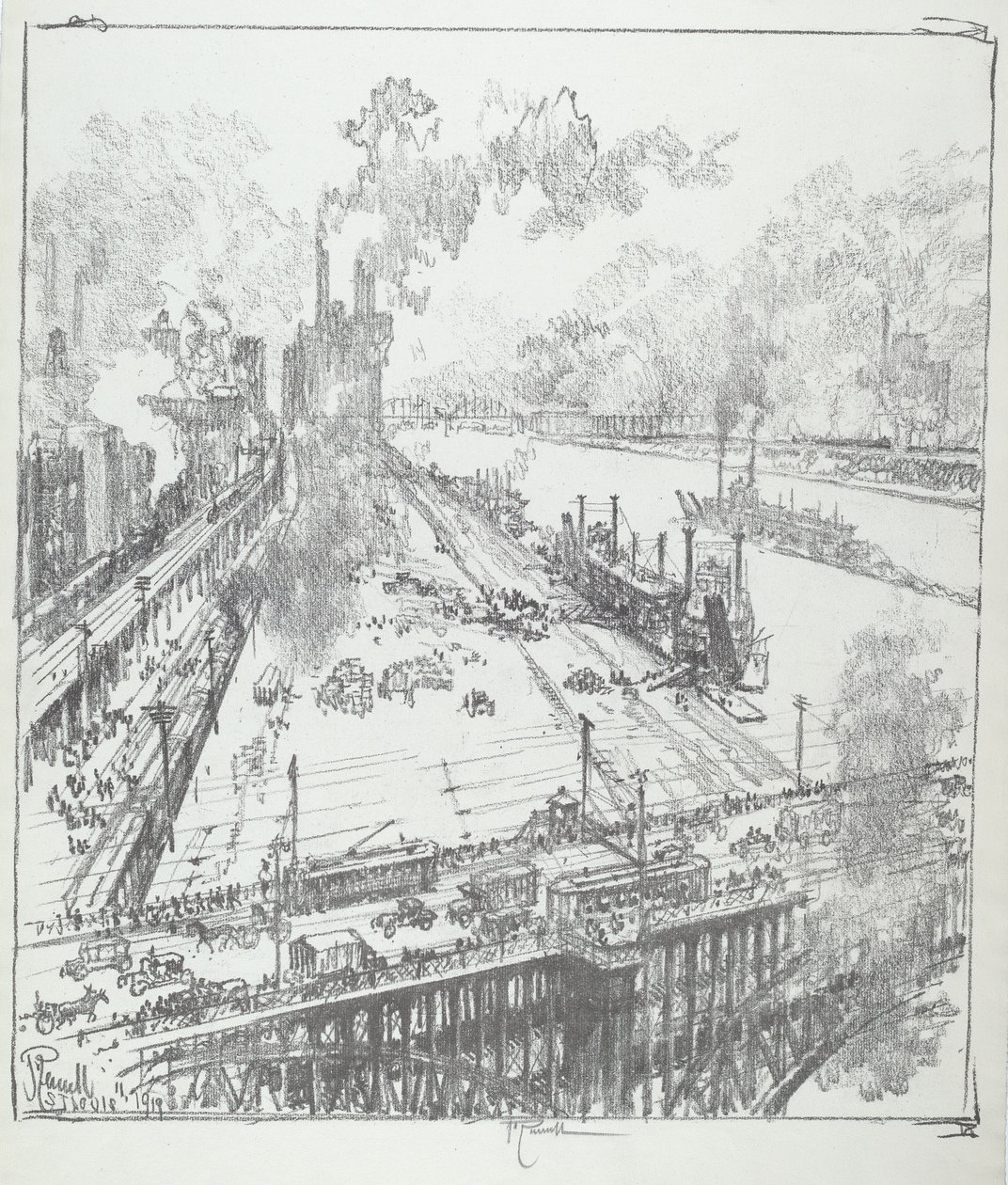 Der Kai von der Eads-Brücke, St. Louis, 1919 von Joseph Pennell