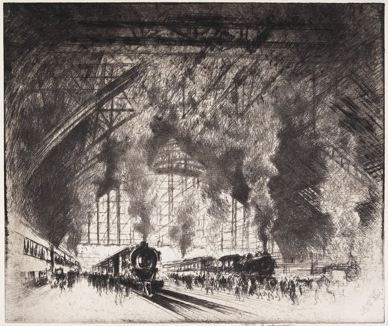 Die Züge, die kommen, und die Züge, die gehen, Pennsylvania Railroad, Philadelphia, 1919 von Joseph Pennell