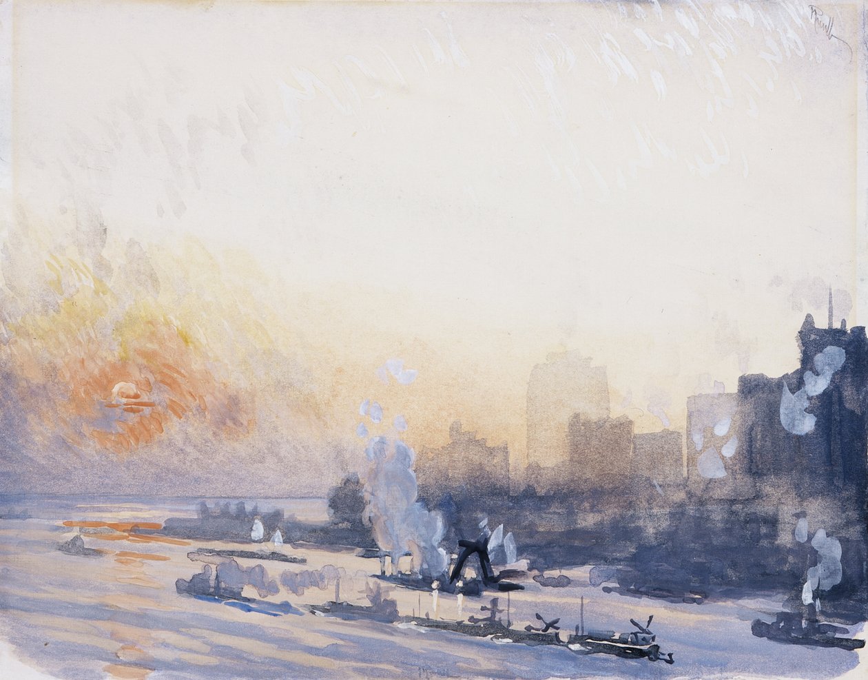 Wintersonnenuntergang, New Yorker Hafen von Joseph Pennell