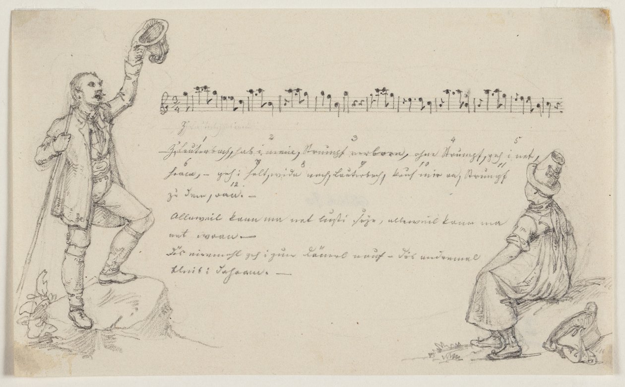 Singender Tiroler und lauschendes Mädchen. Noten und Text von Joseph Petzl