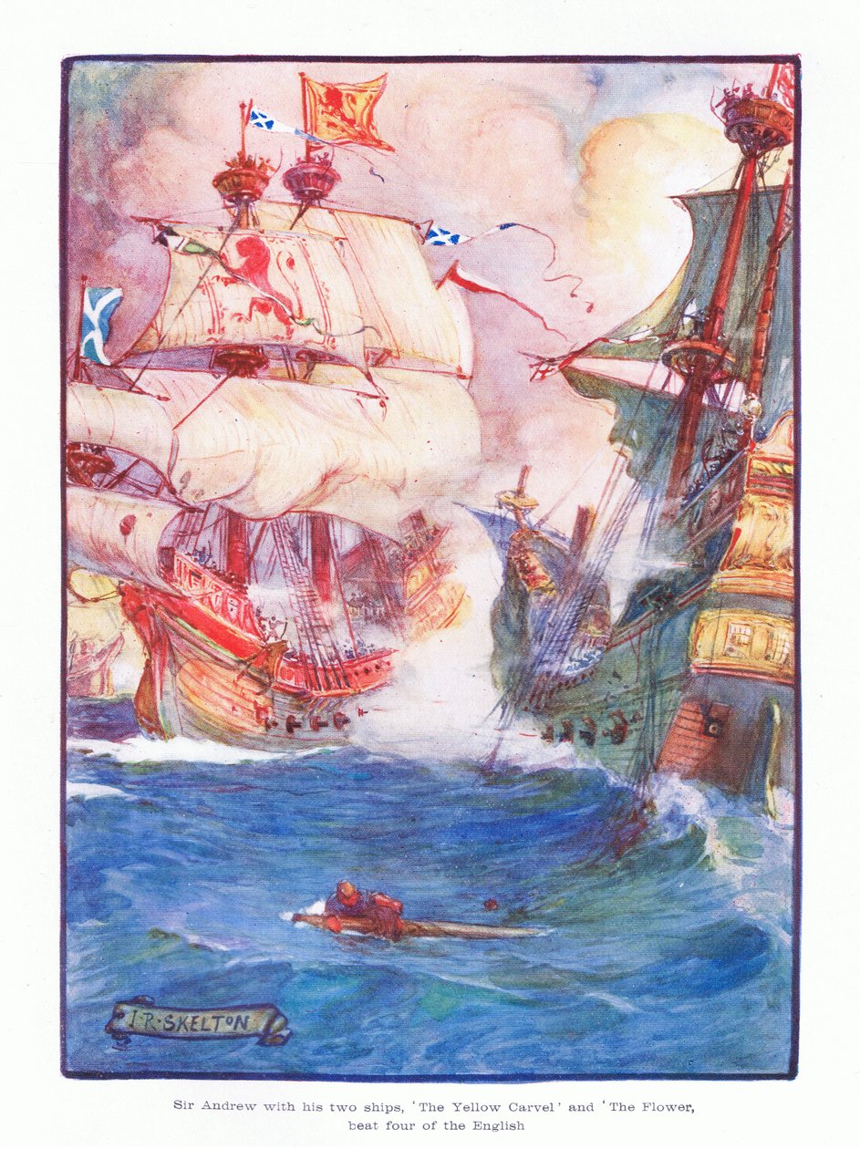 Sir Andrew besiegte mit seinen beiden Schiffen, der Yellow Carvel und der Flower, fünf der englischen Schiffe von Joseph Ratcliffe Skelton