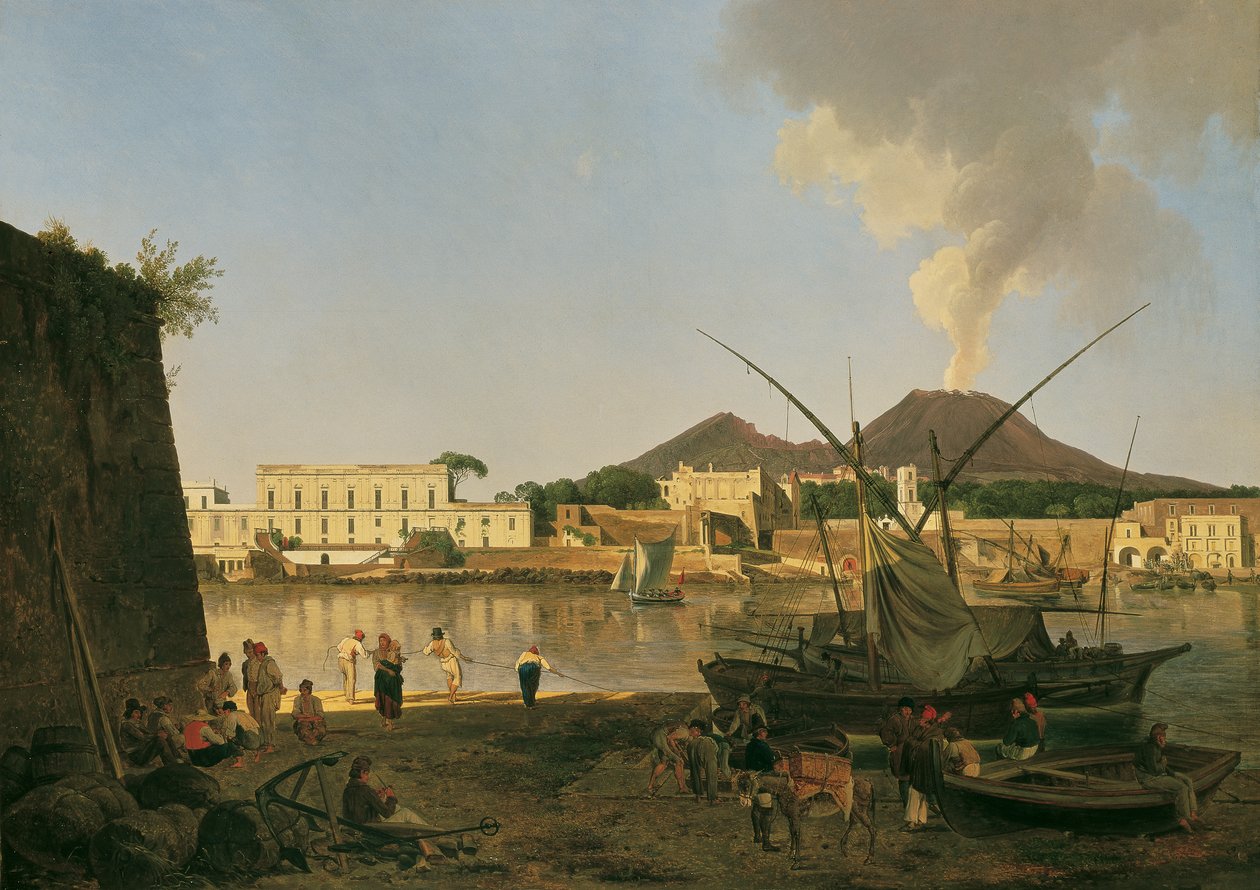 Der Hafen Granatello bei Portici mit dem Vesuv im Hintergrund von Joseph Rebell