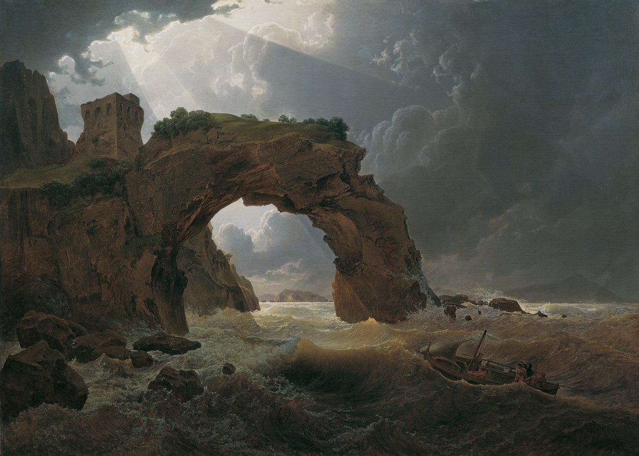 Meeressturm beim Arco di Miseno bei Miliscola mit Blick gegen Nisida von Joseph Rebell