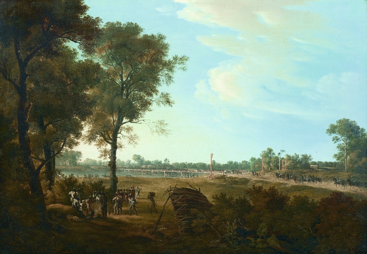 Szene aus den Napoleonischen Kriegen: Der Beginn des Brückenkopfes in der Lobau von Joseph Rebell