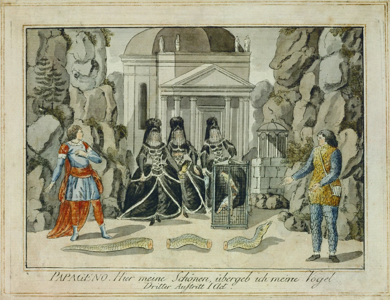 Tamino und Papageno mit den drei Damen (Gravur) von Joseph Schaffer