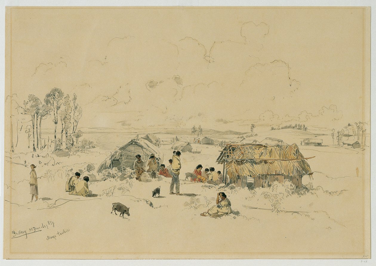 Maori-Dorf am Fluss Mangatawhiri, Auckland (Neuseeland) von Joseph Selleny
