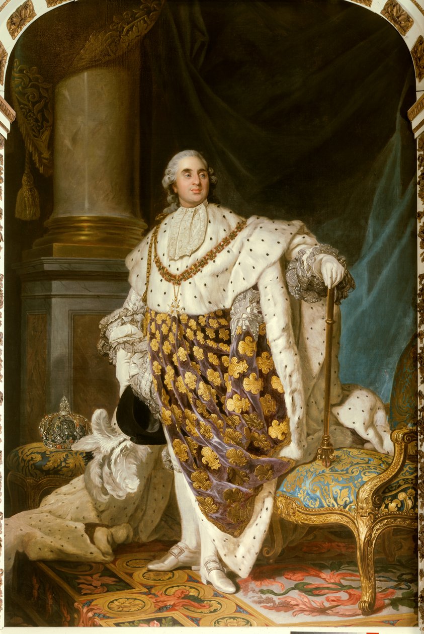 Ganzkörperporträt des Königs von Frankreich Ludwig XVI. im Krönungsgewand (1754-1793). Er trägt die Halskette des Ordens des Heiligen Geistes - Gemälde aus der Werkstatt von Joseph Siffred Duplessis von Joseph Siffred Duplessis